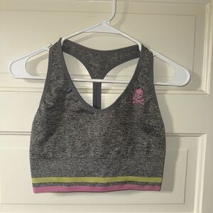 SoulCycle Heathered Gray Sports Bra with Pink and Green Stripes